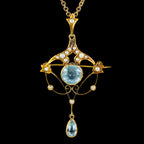 ANTIQUE VICTORIAN ART NOUVEAU AQUAMARINE PEARL PENDANT NECKLACE 9CT GOLD CIRCA 1900 FRONT