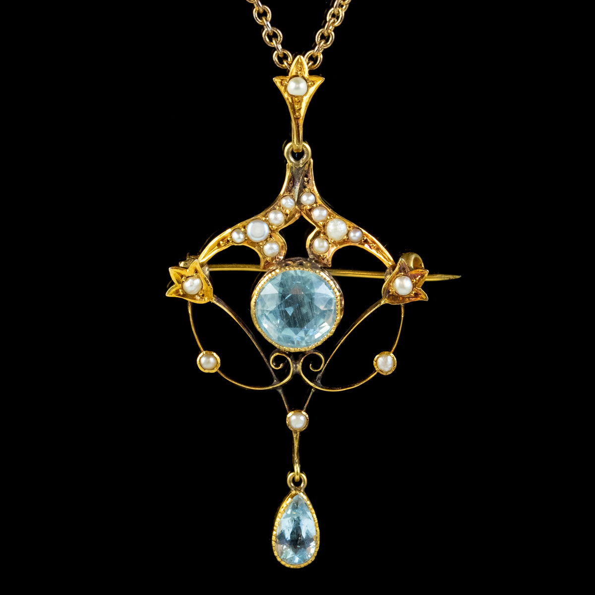 ANTIQUE VICTORIAN ART NOUVEAU AQUAMARINE PEARL PENDANT NECKLACE 9CT GOLD CIRCA 1900 FRONT