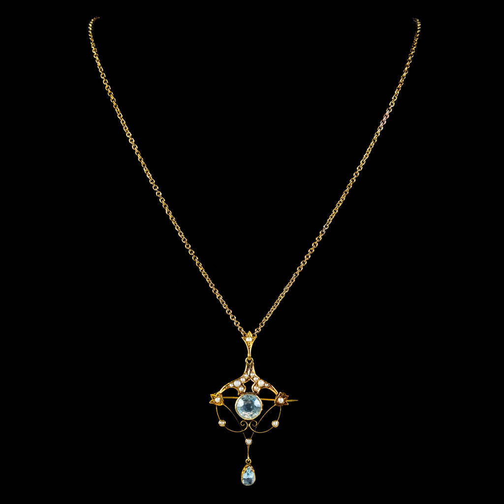 ANTIQUE VICTORIAN ART NOUVEAU AQUAMARINE PEARL PENDANT NECKLACE 9CT GOLD CIRCA 1900 NECK