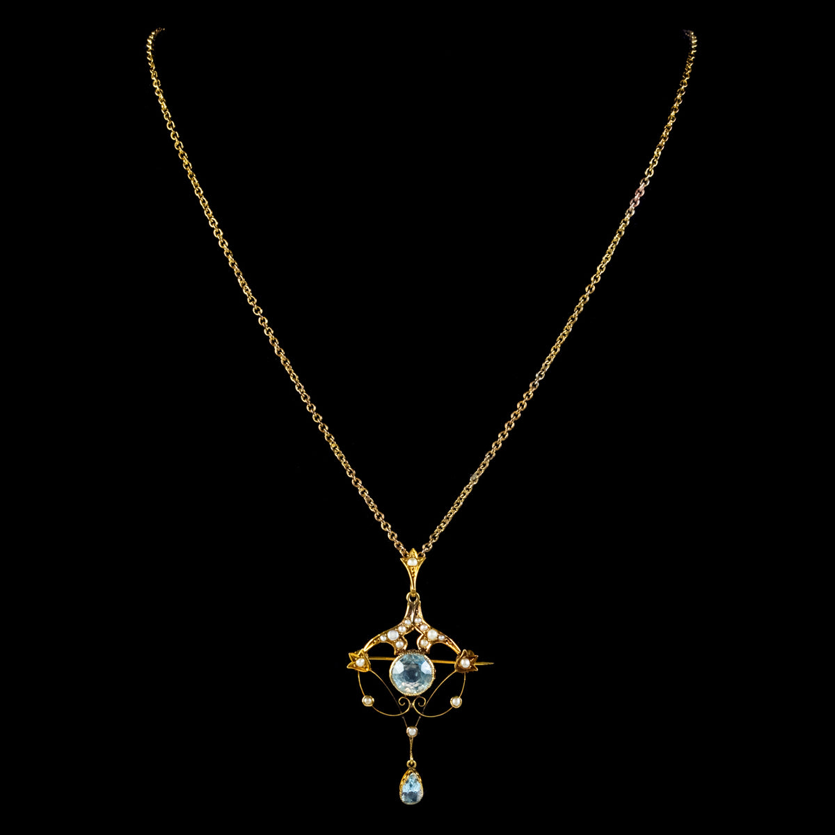 ANTIQUE VICTORIAN ART NOUVEAU AQUAMARINE PEARL PENDANT NECKLACE 9CT GOLD CIRCA 1900 NECK