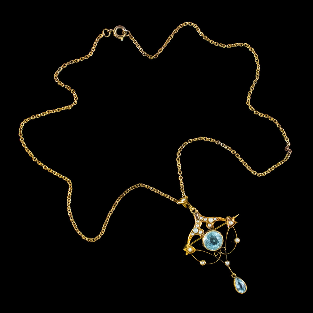 ANTIQUE VICTORIAN ART NOUVEAU AQUAMARINE PEARL PENDANT NECKLACE 9CT GOLD CIRCA 1900 TOP