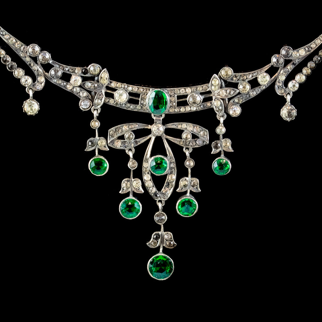 Antique Victorian Art Nouveau Green Paste Choker Necklace Silver