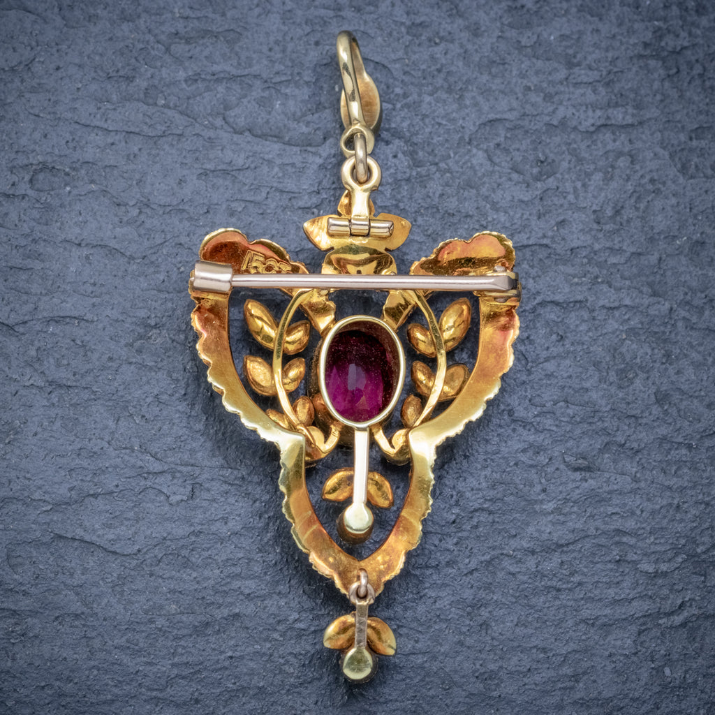 ANTIQUE VICTORIAN ART NOUVEAU PINK QUARTZ PEARL PENDANT BROOCH 15CT GOLD CIRCA 1900 BACK