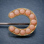 ANTIQUE VICTORIAN CORAL HORSESHOE PIN 18CT GOLD BOXED CIRCA 1900 CLOSE