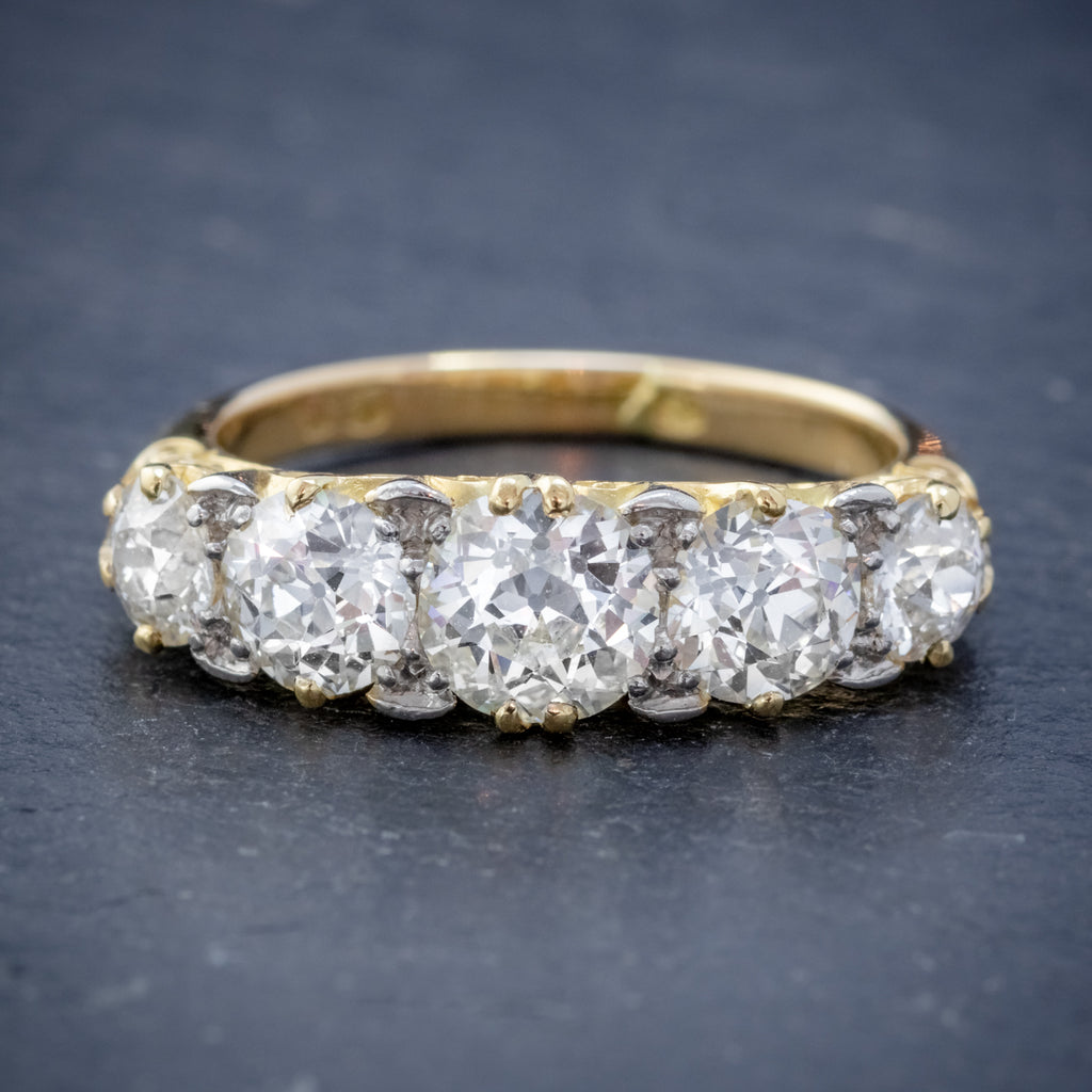 ANTIQUE VICTORIAN DIAMOND FIVE STONE RING 18CT GOLD 3.09CT DIAMONDS CIRCA 1900 CERT FRONT