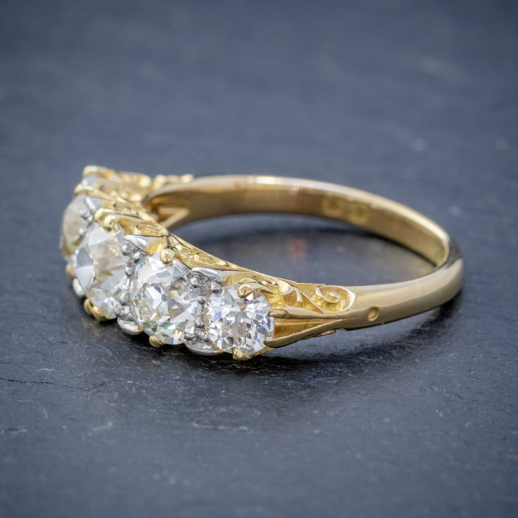 ANTIQUE VICTORIAN DIAMOND FIVE STONE RING 18CT GOLD 3.09CT DIAMONDS CIRCA 1900 CERT SIDE