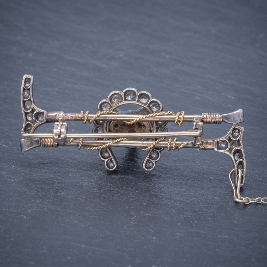 ANTIQUE VICTORIAN DIAMOND FOX HUNTING RIDING BROOCH SILVER 18CT GOLD 2CT OF DIAMOND CIRCA 1900 BACK
