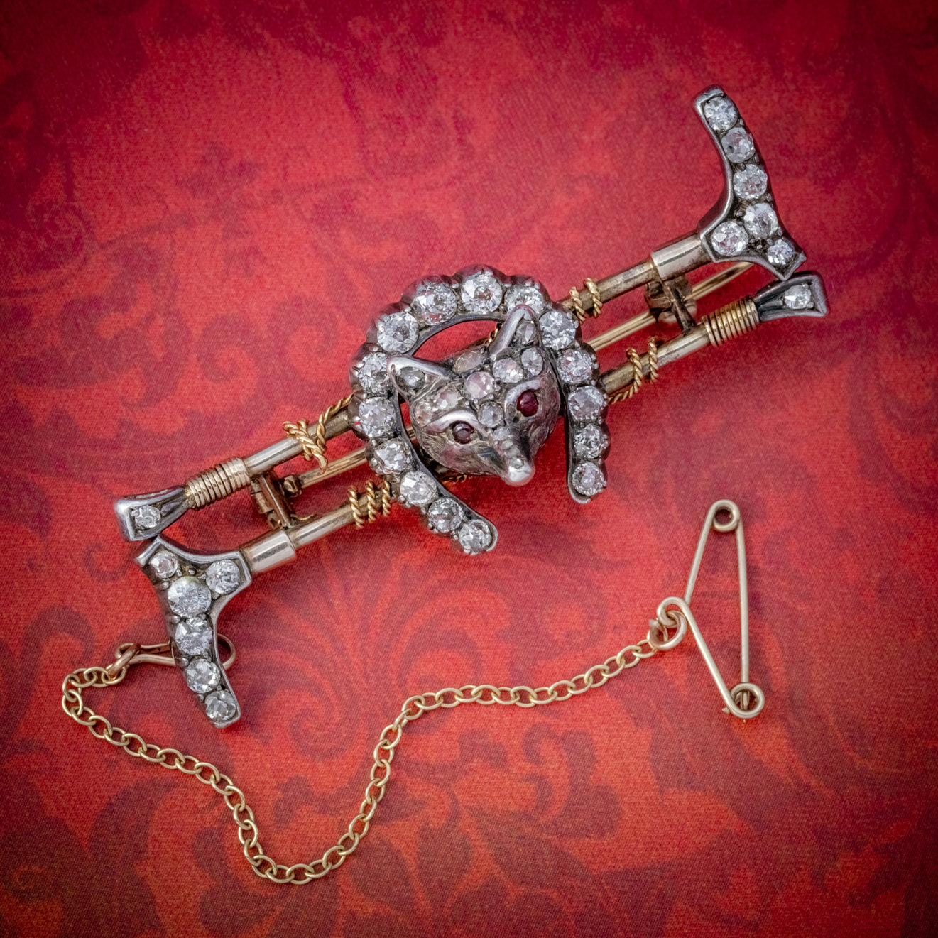 ANTIQUE VICTORIAN DIAMOND FOX HUNTING RIDING BROOCH SILVER 18CT GOLD 2CT OF DIAMOND CIRCA 1900 COVER Main image