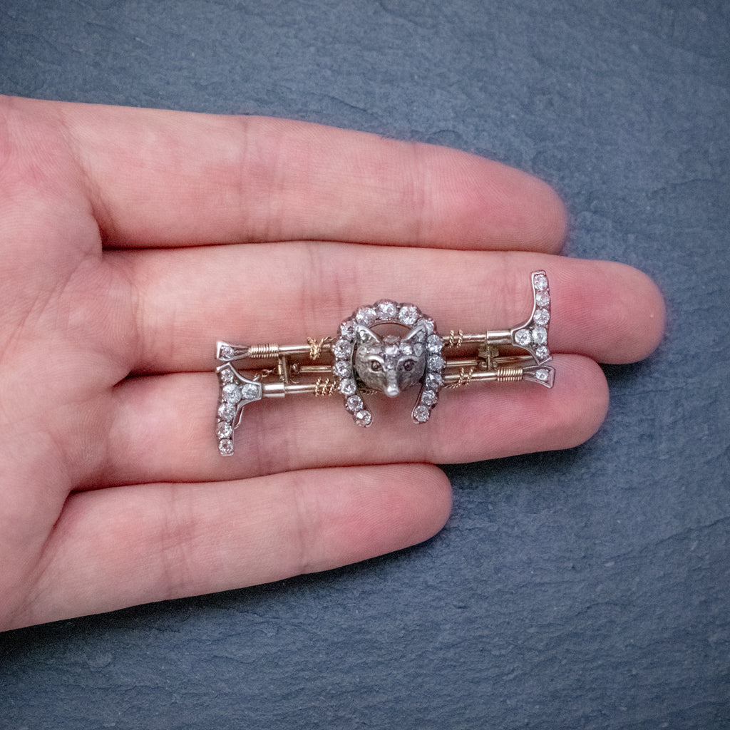 ANTIQUE VICTORIAN DIAMOND FOX HUNTING RIDING BROOCH SILVER 18CT GOLD 2CT OF DIAMOND CIRCA 1900 HAND