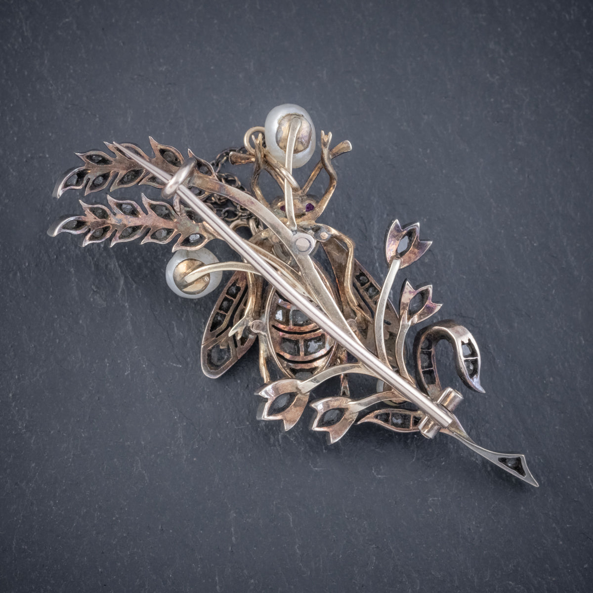 ANTIQUE VICTORIAN DIAMOND PEARL INSECT BROOCH 18CT GOLD SILVER 2CT ROSE CUT DIAMONDS CIRCA 1900 BACK