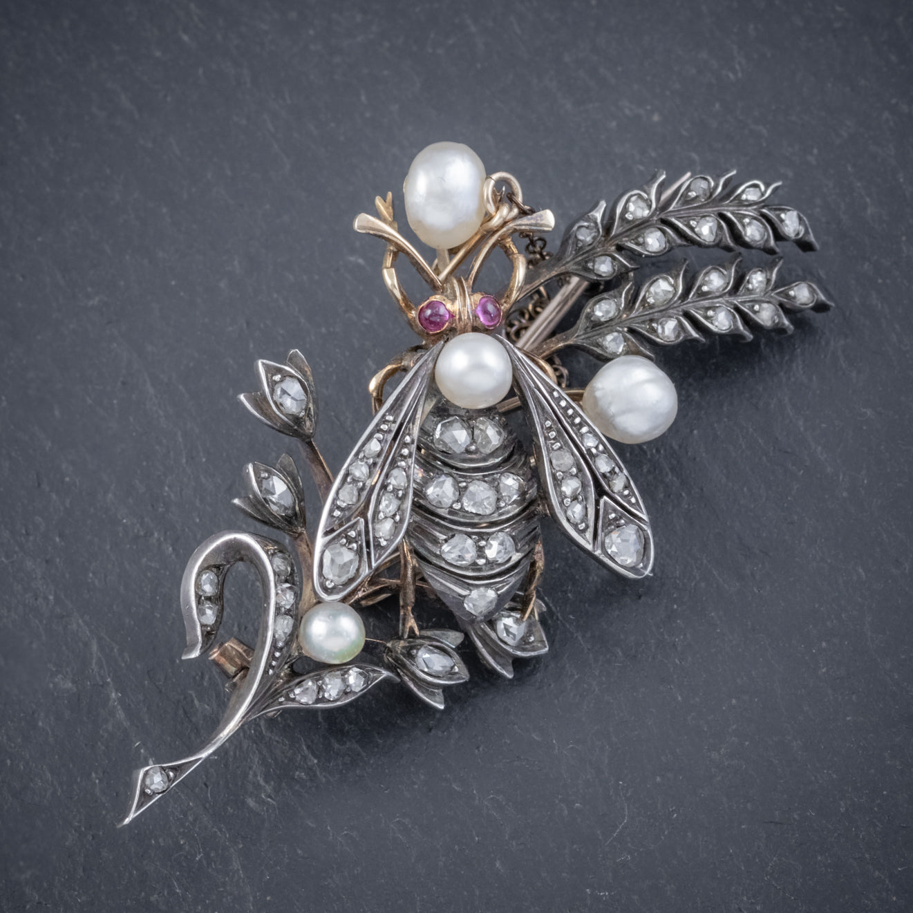 Antique Victorian Diamond Pearl Insect Brooch 2ct Of Diamond With Box Secondary image