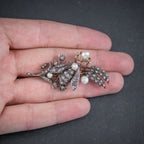 ANTIQUE VICTORIAN DIAMOND PEARL INSECT BROOCH 18CT GOLD SILVER 2CT ROSE CUT DIAMONDS CIRCA 1900 HAND