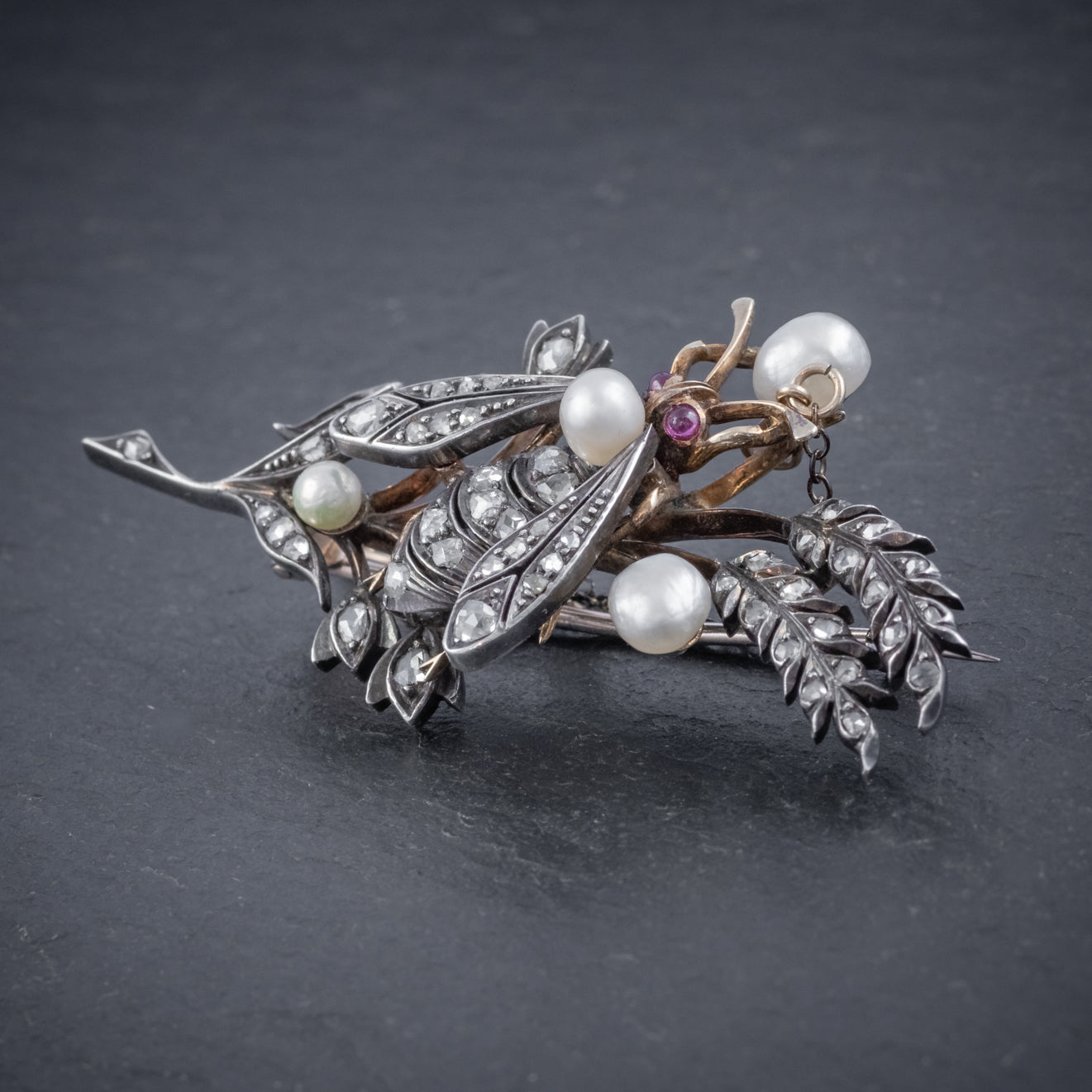 ANTIQUE VICTORIAN DIAMOND PEARL INSECT BROOCH 18CT GOLD SILVER 2CT ROSE CUT DIAMONDS CIRCA 1900 SIDE