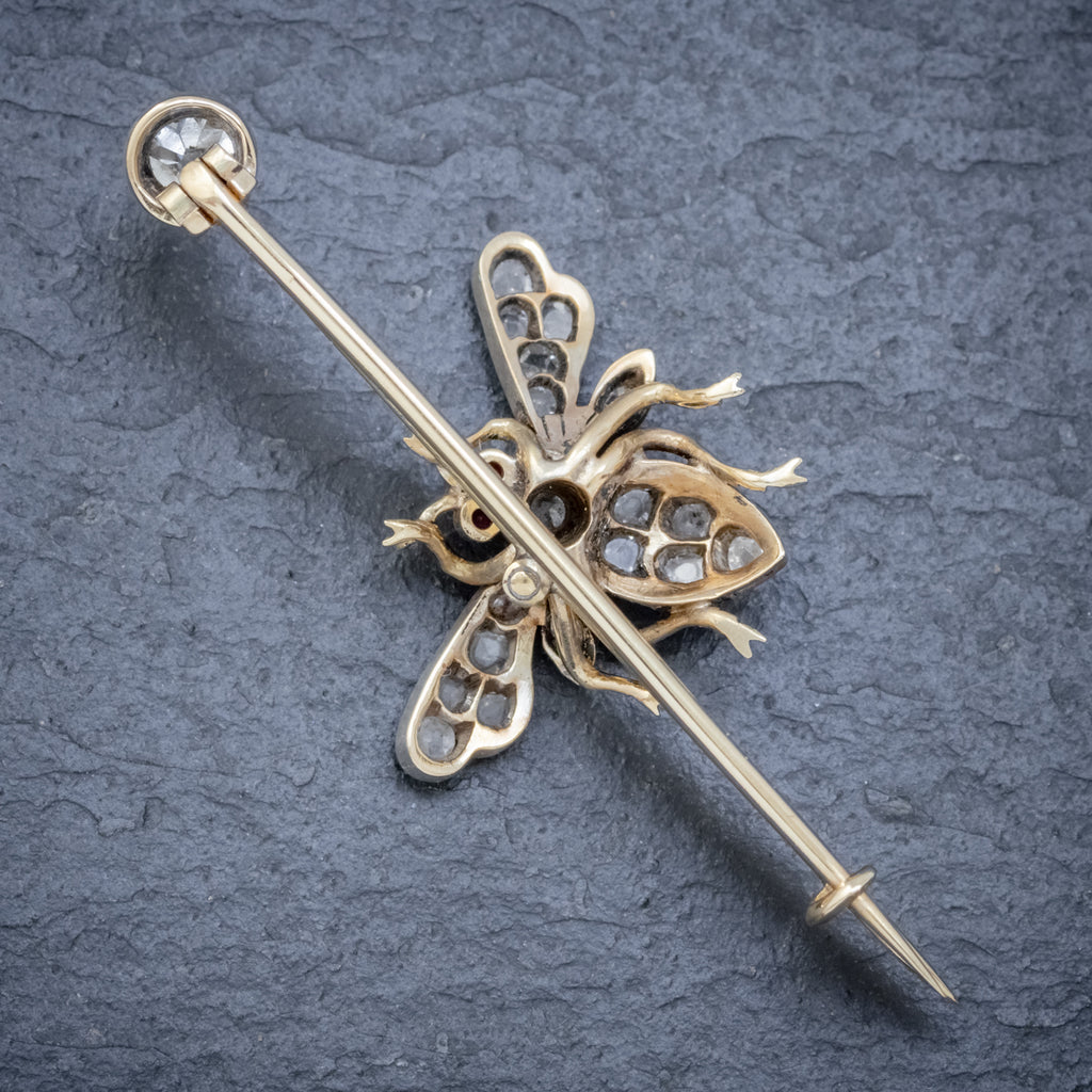ANTIQUE VICTORIAN DIAMOND RUBY INSECT BROOCH SILVER 18CT GOLD CIRCA 1900 BACK