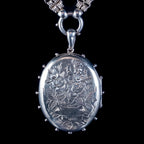 ANTIQUE VICTORIAN FORGET ME NOT LOCKET COLLAR NECKLACE STERLING SILVER DATED 1882