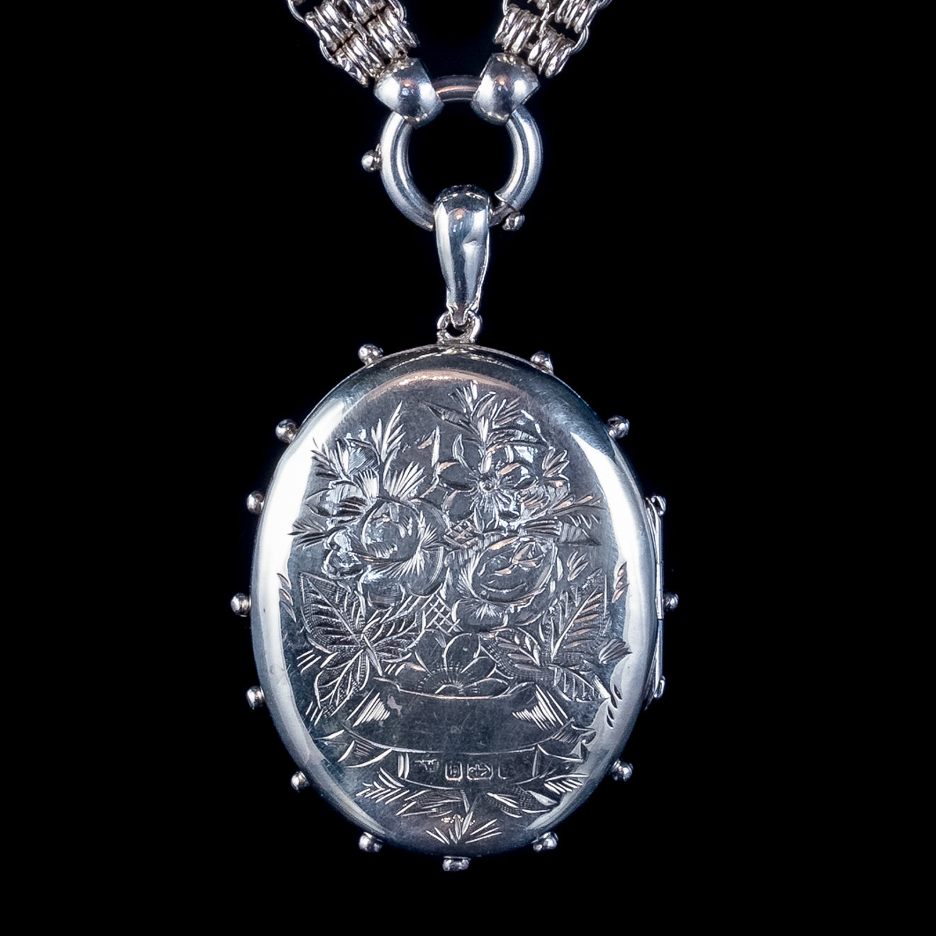 ANTIQUE VICTORIAN FORGET ME NOT LOCKET COLLAR NECKLACE STERLING SILVER DATED 1882