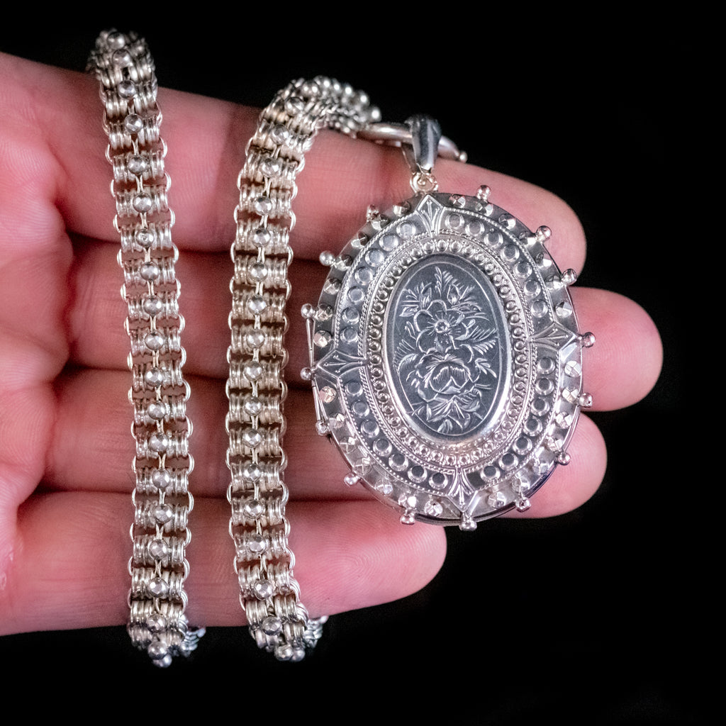 ANTIQUE VICTORIAN FORGET ME NOT LOCKET COLLAR NECKLACE STERLING SILVER DATED 1882