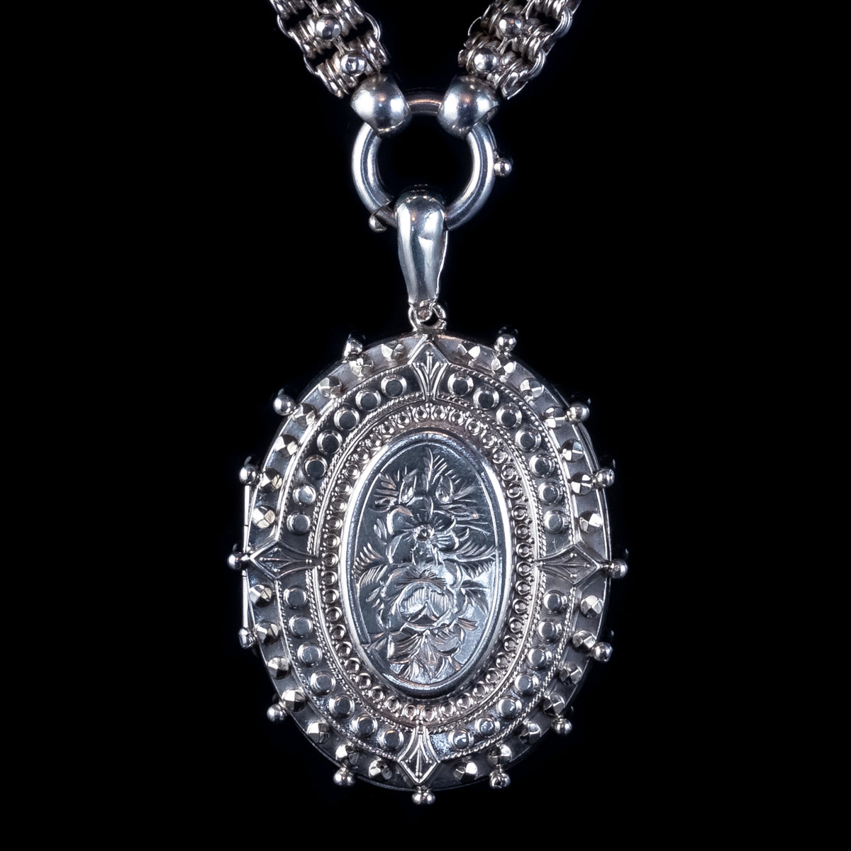 ANTIQUE VICTORIAN FORGET ME NOT LOCKET COLLAR NECKLACE STERLING SILVER DATED 1882