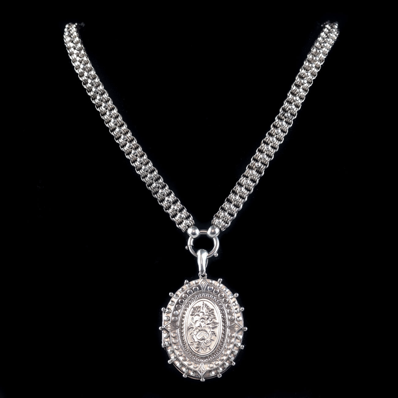 ANTIQUE VICTORIAN FORGET ME NOT LOCKET COLLAR NECKLACE STERLING SILVER DATED 1882