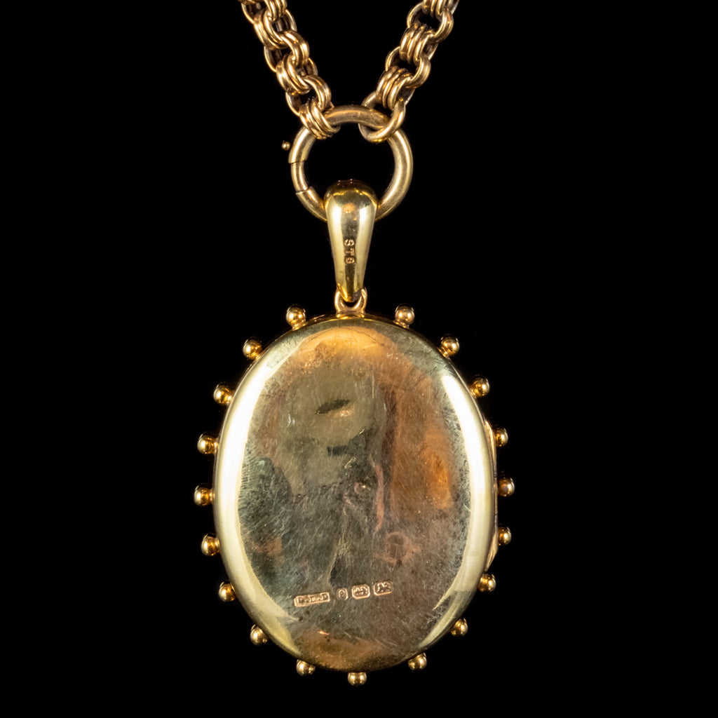 ANTIQUE VICTORIAN IVY LOCKET NECKLACE STERLING SILVER 18CT GOLD GILT DATED 1879