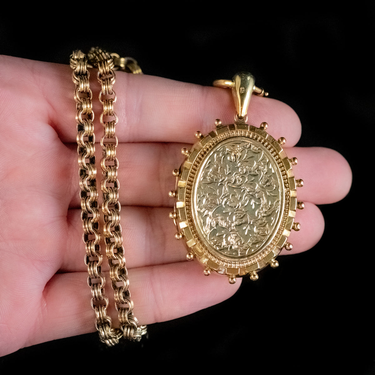 ANTIQUE VICTORIAN IVY LOCKET NECKLACE STERLING SILVER 18CT GOLD GILT DATED 1879