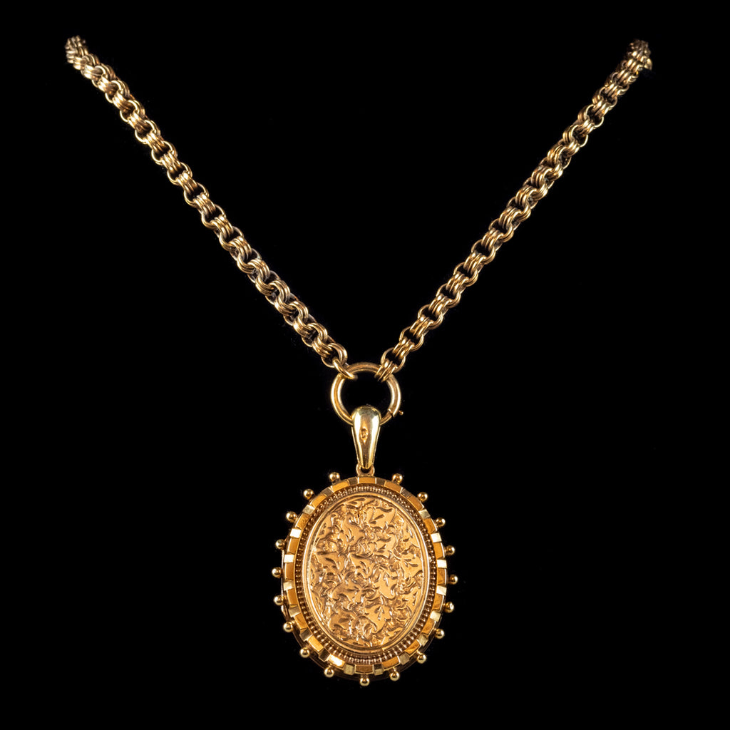 ANTIQUE VICTORIAN IVY LOCKET NECKLACE STERLING SILVER 18CT GOLD GILT DATED 1879