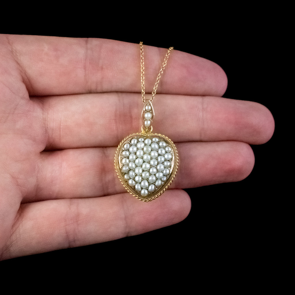 ANTIQUE VICTORIAN NATURAL PEARL HEART PENDANT NECKLACE 18CT GOLD CIRCA 1880
