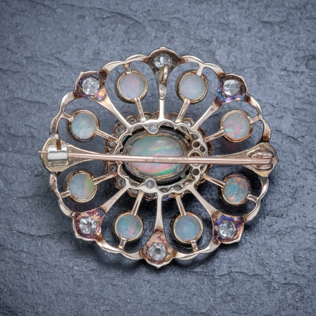ANTIQUE VICTORIAN OPAL DIAMOND BROOCH NATURAL 5.1CT OPALS CIRCA 1900 BACK