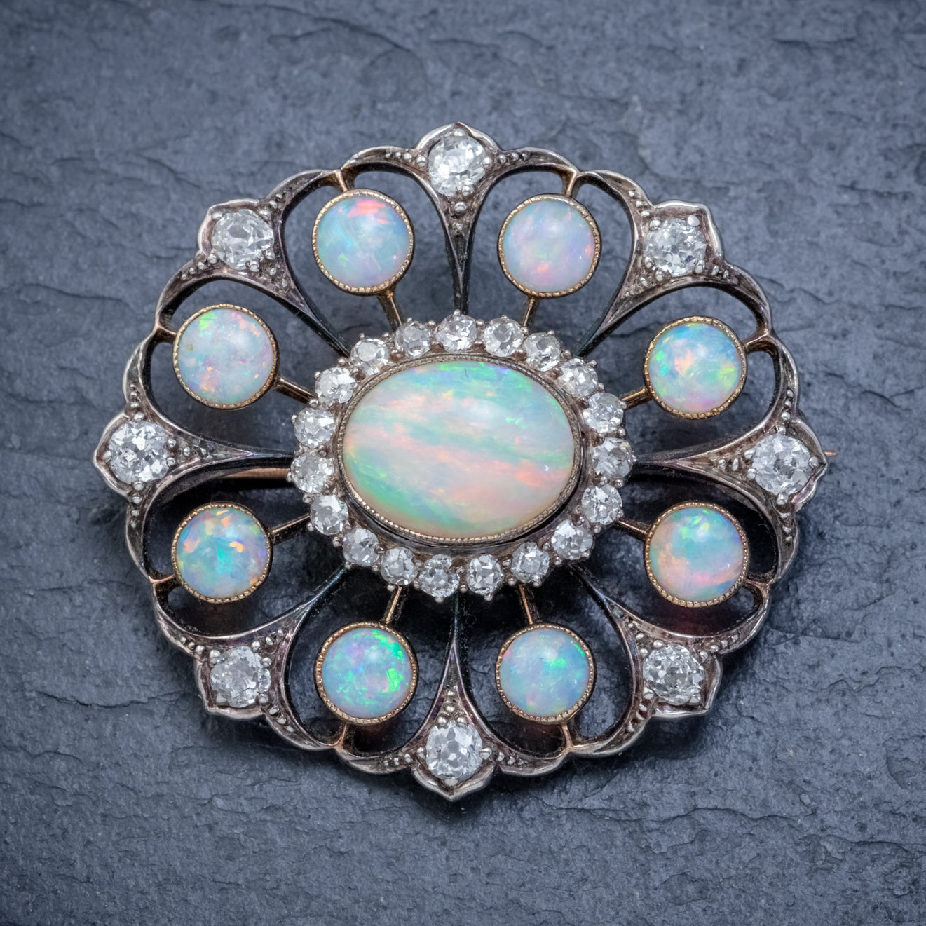 Antique Edwardian Opal Diamond Flower Brooch 5.1ct Of Opal Secondary image