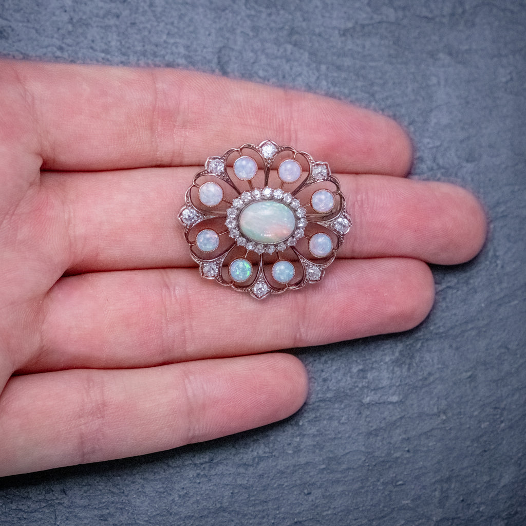 ANTIQUE VICTORIAN OPAL DIAMOND BROOCH NATURAL 5.1CT OPALS CIRCA 1900  HAND