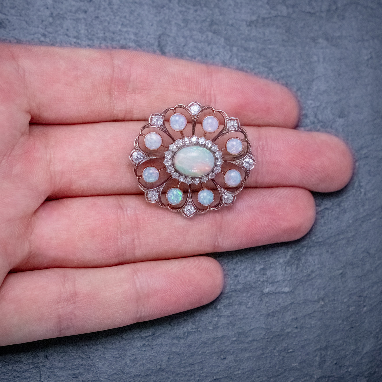 ANTIQUE VICTORIAN OPAL DIAMOND BROOCH NATURAL 5.1CT OPALS CIRCA 1900  HAND