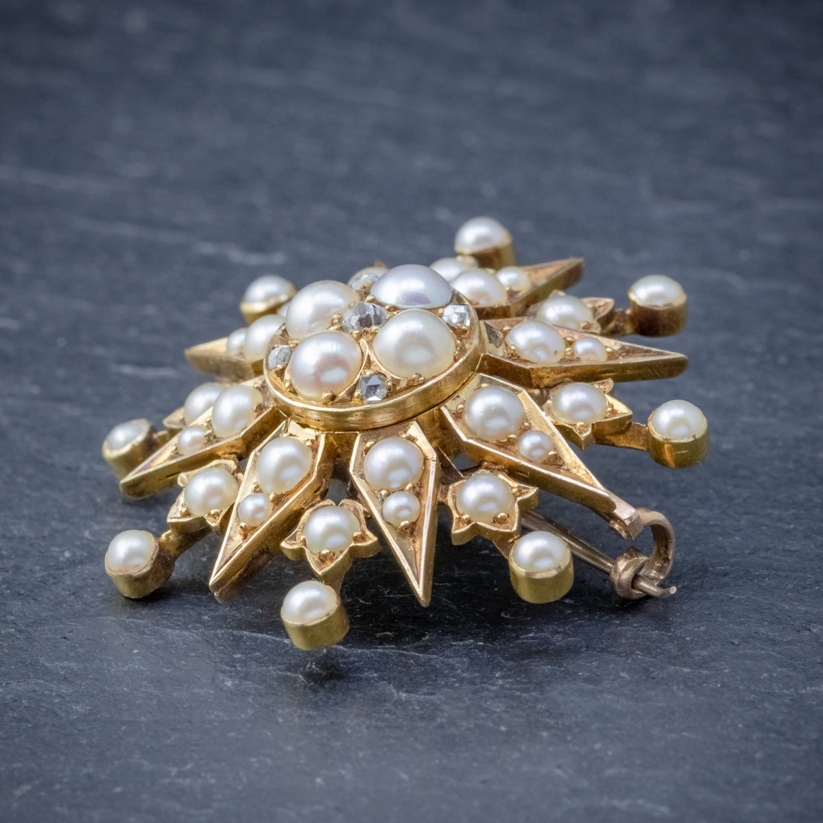 ANTIQUE VICTORIAN PEARL DIAMOND STAR BROOCH 18CT GOLD CIRCA 1900 SIDE