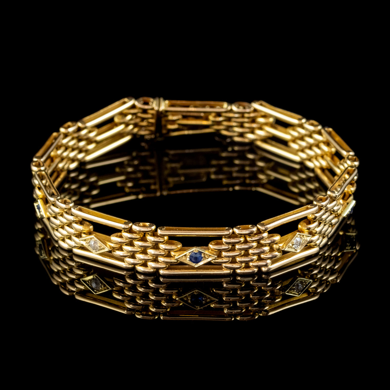 ANTIQUE VICTORIAN SAPPHIRE DIAMOND GATE BRACELET 15CT GOLD CIRCA 1900
