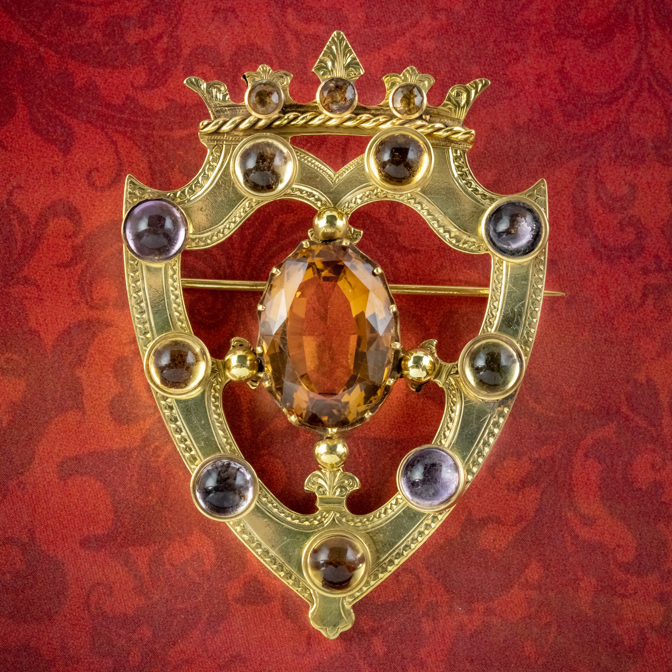ANTIQUE VICTORIAN SCOTTISH CAIRNGORM SHIELD BROOCH SILVER 18CT GOLD GILT DATED 1862 COVER Main image