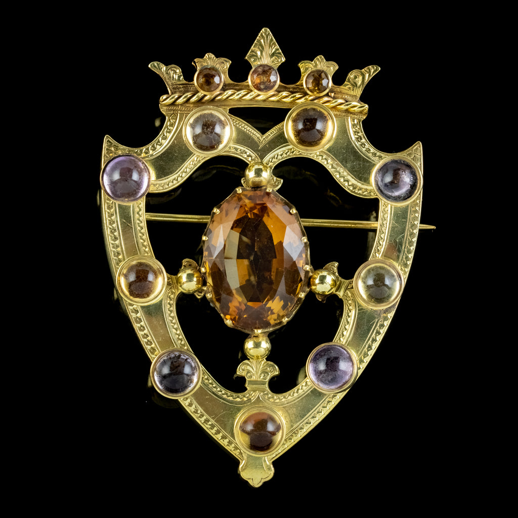 ANTIQUE VICTORIAN SCOTTISH CAIRNGORM SHIELD BROOCH SILVER 18CT GOLD GILT DATED 1862 FRONT