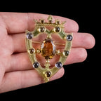 ANTIQUE VICTORIAN SCOTTISH CAIRNGORM SHIELD BROOCH SILVER 18CT GOLD GILT DATED 1862 HAND