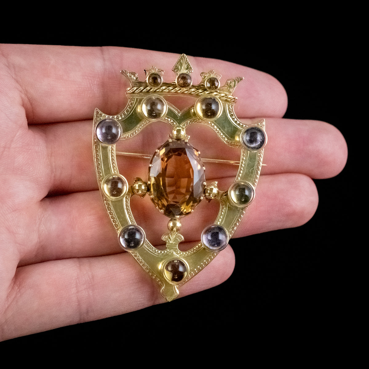 ANTIQUE VICTORIAN SCOTTISH CAIRNGORM SHIELD BROOCH SILVER 18CT GOLD GILT DATED 1862 HAND