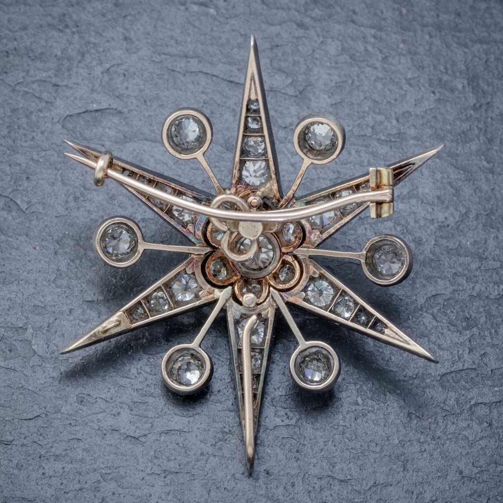 ANTIQUE VICTORIAN STAR BROOCH PENDANT 18CT GOLD SILVER 4.30CT DIAMONDS BOXED CIRCA 1900 BACK