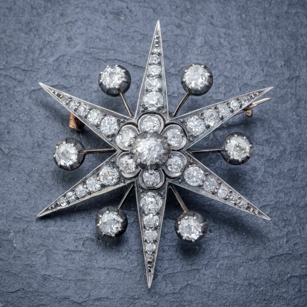 ANTIQUE VICTORIAN STAR BROOCH PENDANT 18CT GOLD SILVER 4.30CT DIAMONDS BOXED CIRCA 1900 FRONT