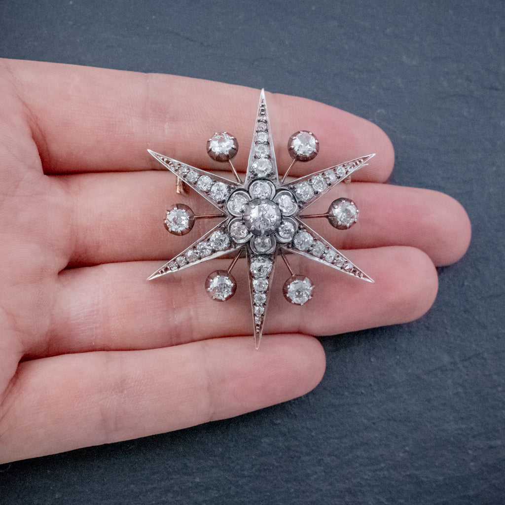 ANTIQUE VICTORIAN STAR BROOCH PENDANT 18CT GOLD SILVER 4.30CT DIAMONDS BOXED CIRCA 1900 HAND