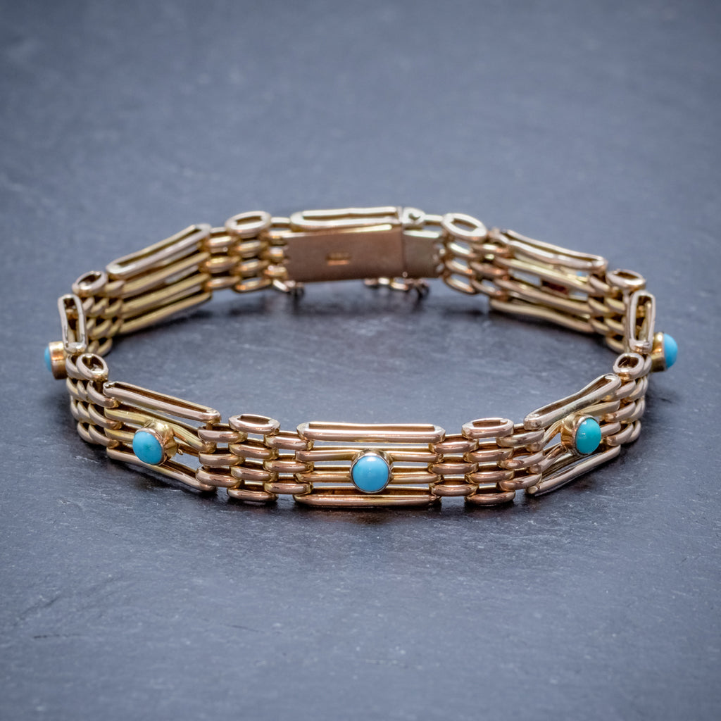 ANTIQUE VICTORIAN TURQUOISE GATE BRACELET 9CT GOLD CIRCA 1900 FRONT