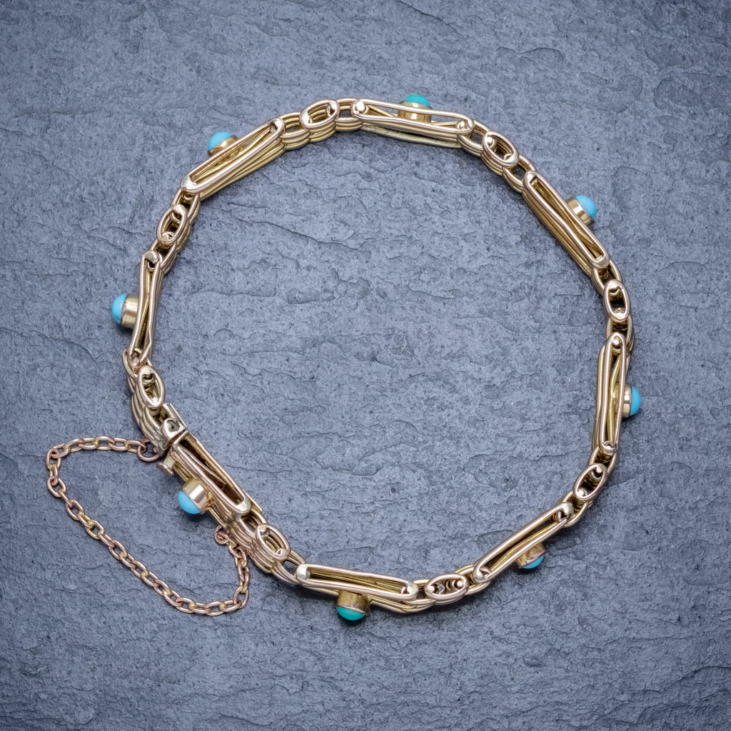 ANTIQUE VICTORIAN TURQUOISE GATE BRACELET 9CT GOLD CIRCA 1900 TOP