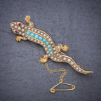 ANTIQUE VICTORIAN TURQUOISE PEARL SALAMANDER BROOCH 15CT GOLD CIRCA 1890 FRONT