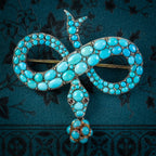 Antique Victorian Turquoise Snake Brooch Garnet Eyes Silver 18Ct Gold Circa 1850