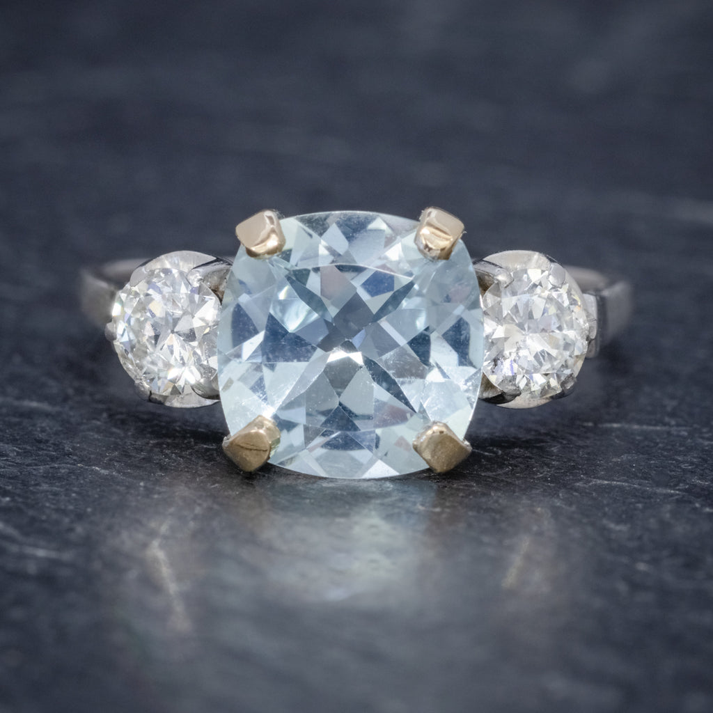 ANTIQUE ART DECO AQUAMARINE DIAMOND TRILOGY RING 18CT WHITE GOLD CIRCA 1920 front