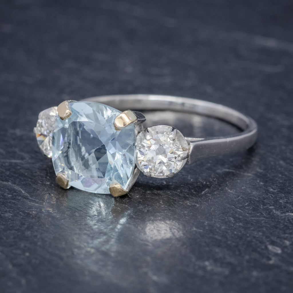 ANTIQUE ART DECO AQUAMARINE DIAMOND TRILOGY RING 18CT WHITE GOLD CIRCA 1920 side