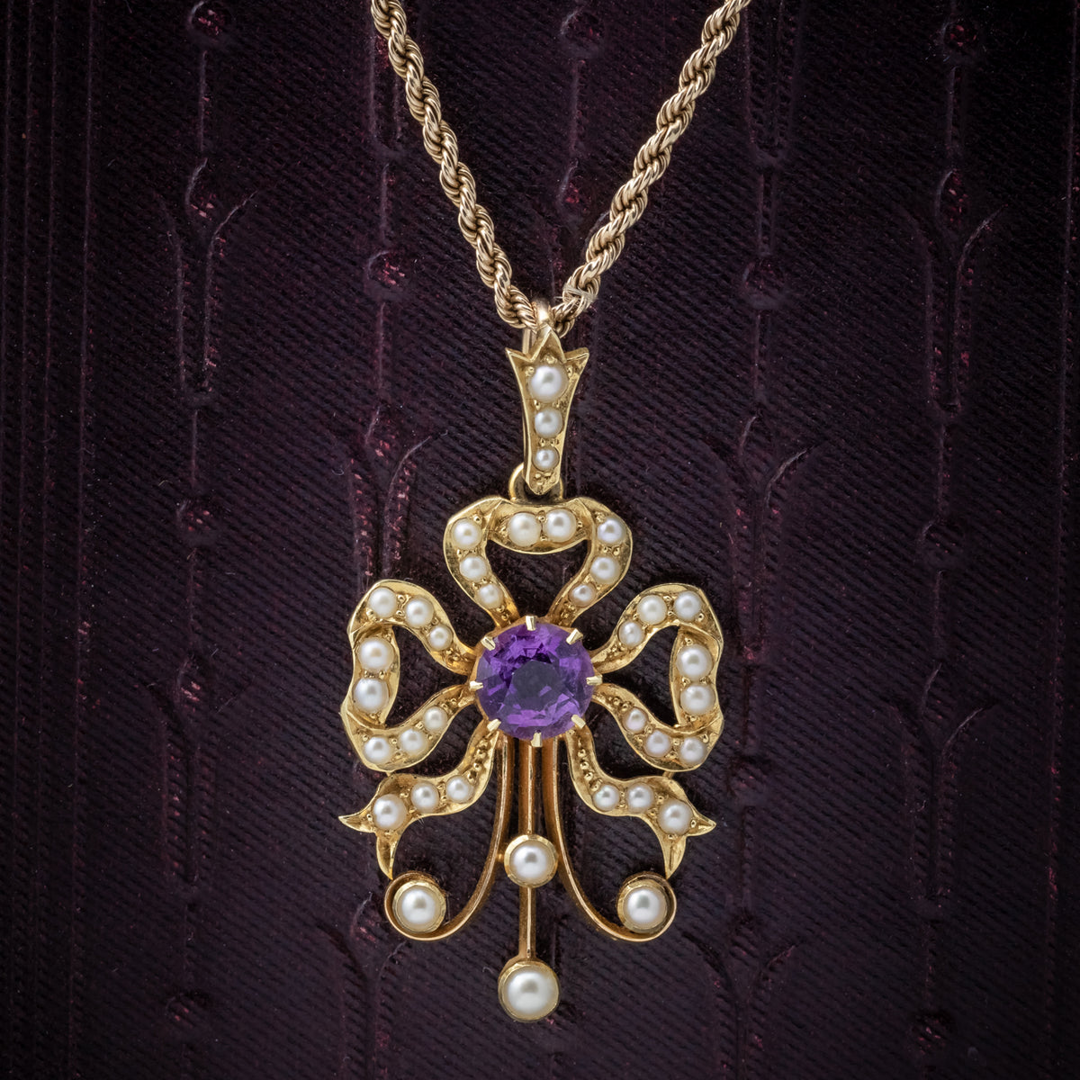 Antique Edwardian Amethyst Pearl Pendant Necklace 15ct Gold Circa 1910 cover Main image