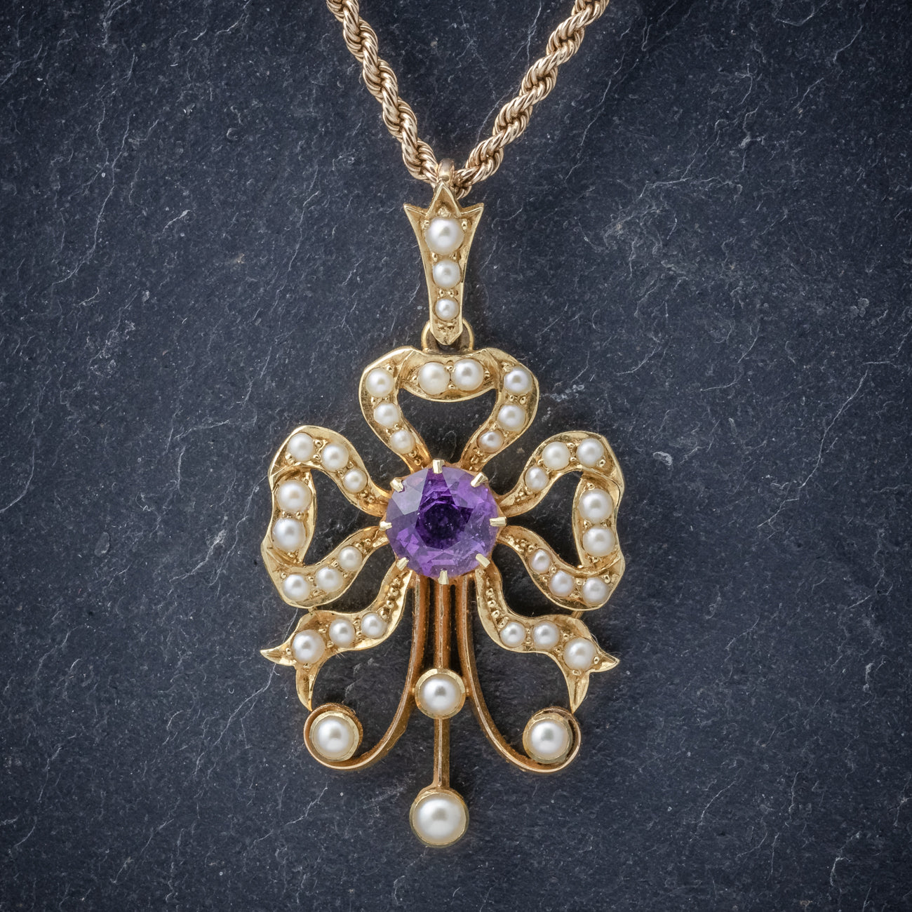 Antique Edwardian Amethyst Pearl Pendant Necklace 15ct Gold Circa 1910 Secondary image