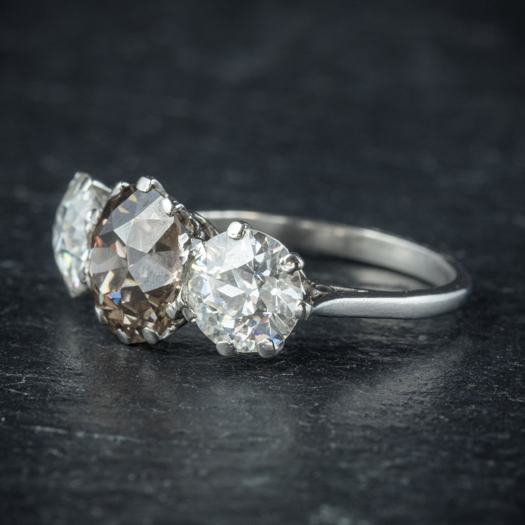 Antique Edwardian Brown Diamond Trilogy Ring Platinum Circa 1910 SIDE