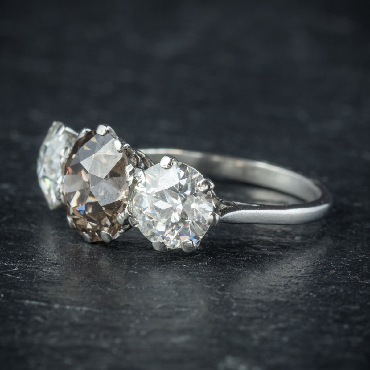 Antique Edwardian Brown Diamond Trilogy Ring Platinum Circa 1910 SIDE